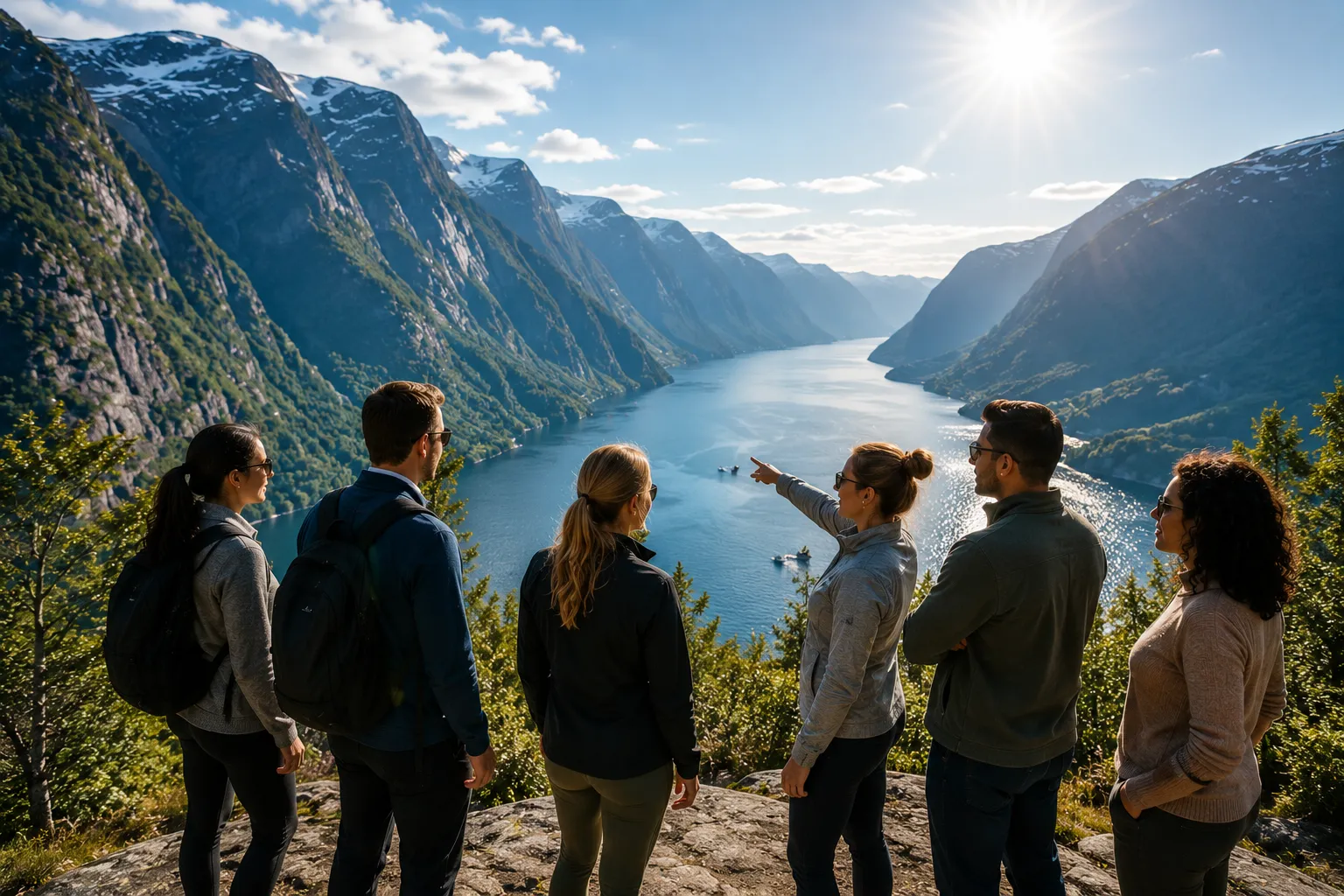 Travelers on a guided tour by a fjord