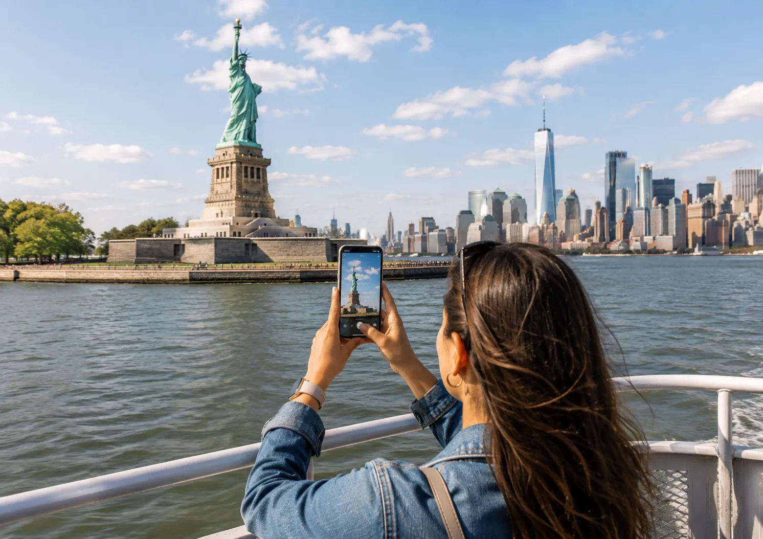 A traveler photographing the Statue of Liberty from a sightseeing ferry