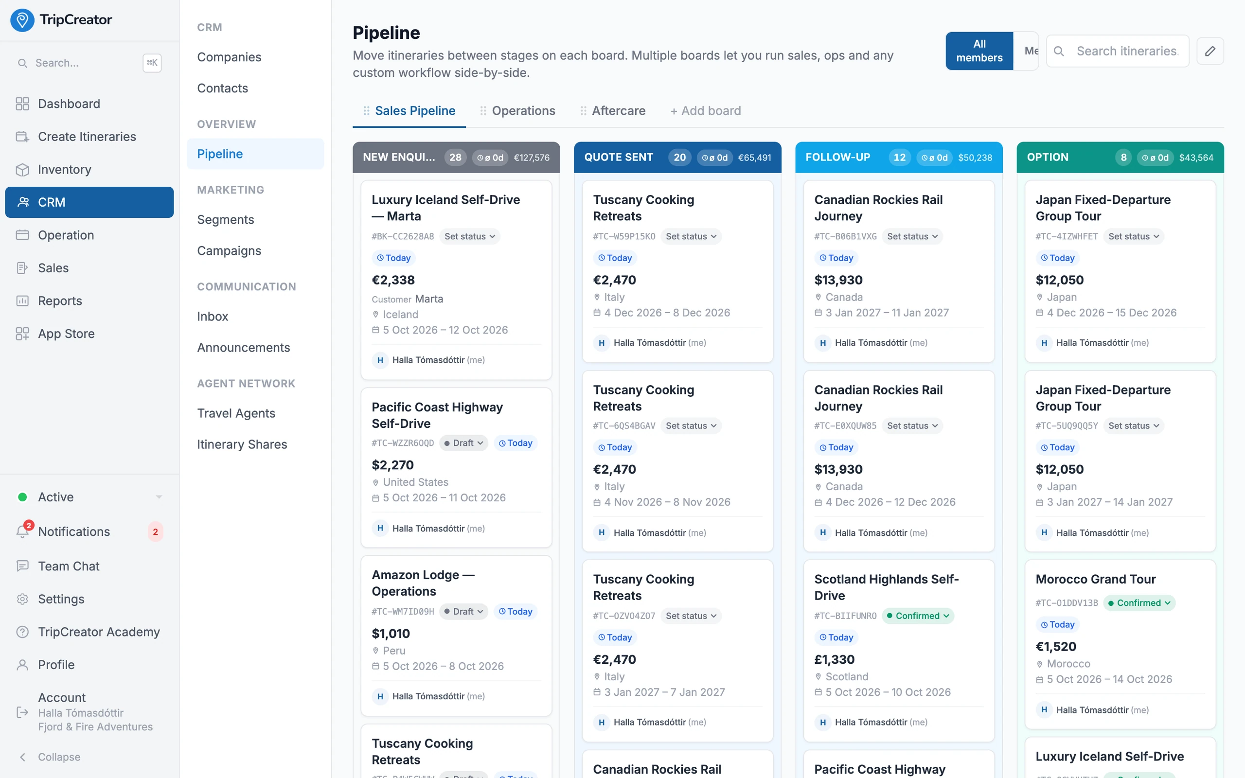 The TripCreator CRM pipeline board — leads and deals moving across stages from enquiry to confirmed, each card showing the trip, value and dates.