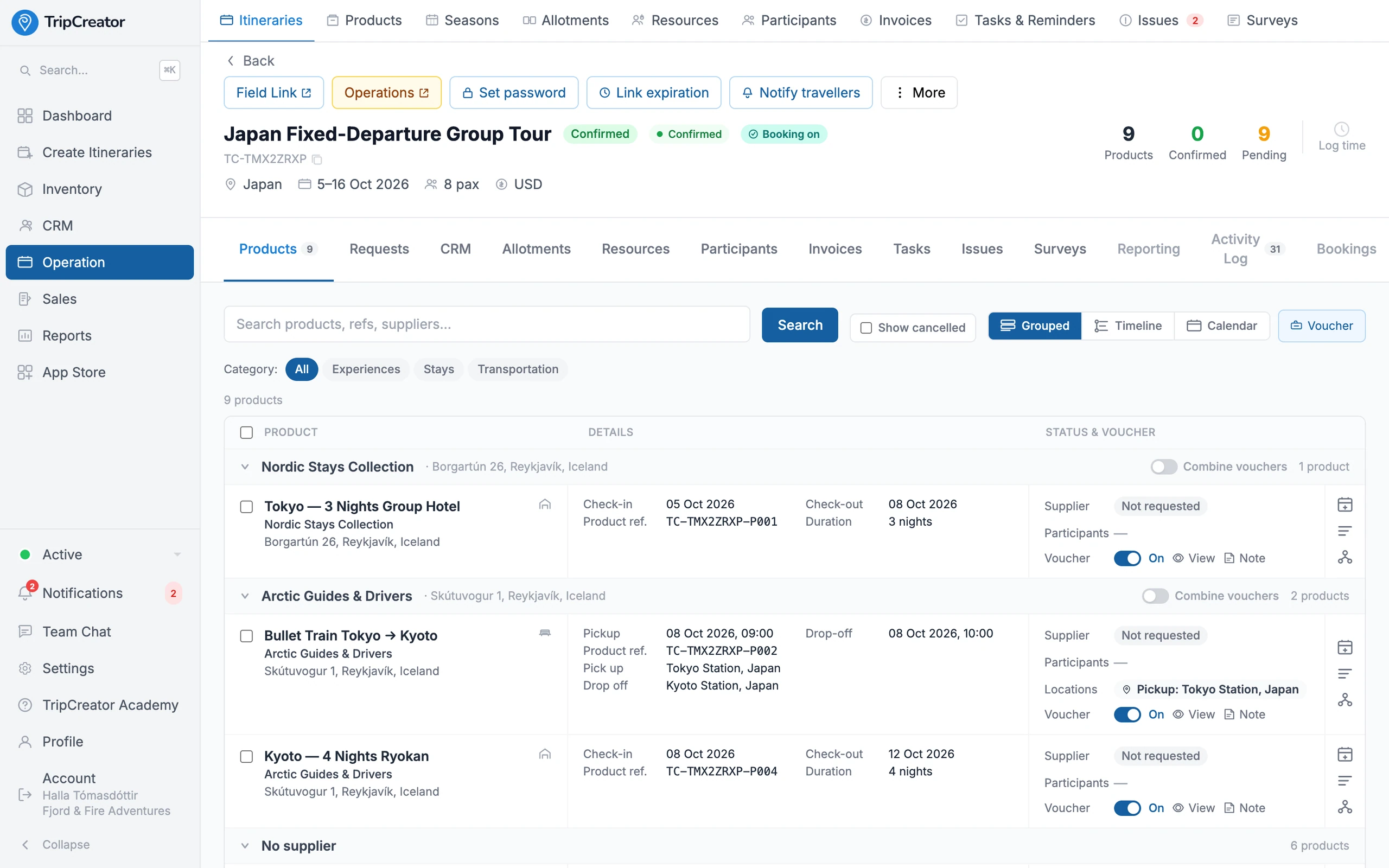 The TripCreator operations view for a group program — the Japan Fixed-Departure Group Tour with products grouped by supplier, vouchers, participants and logistics.
