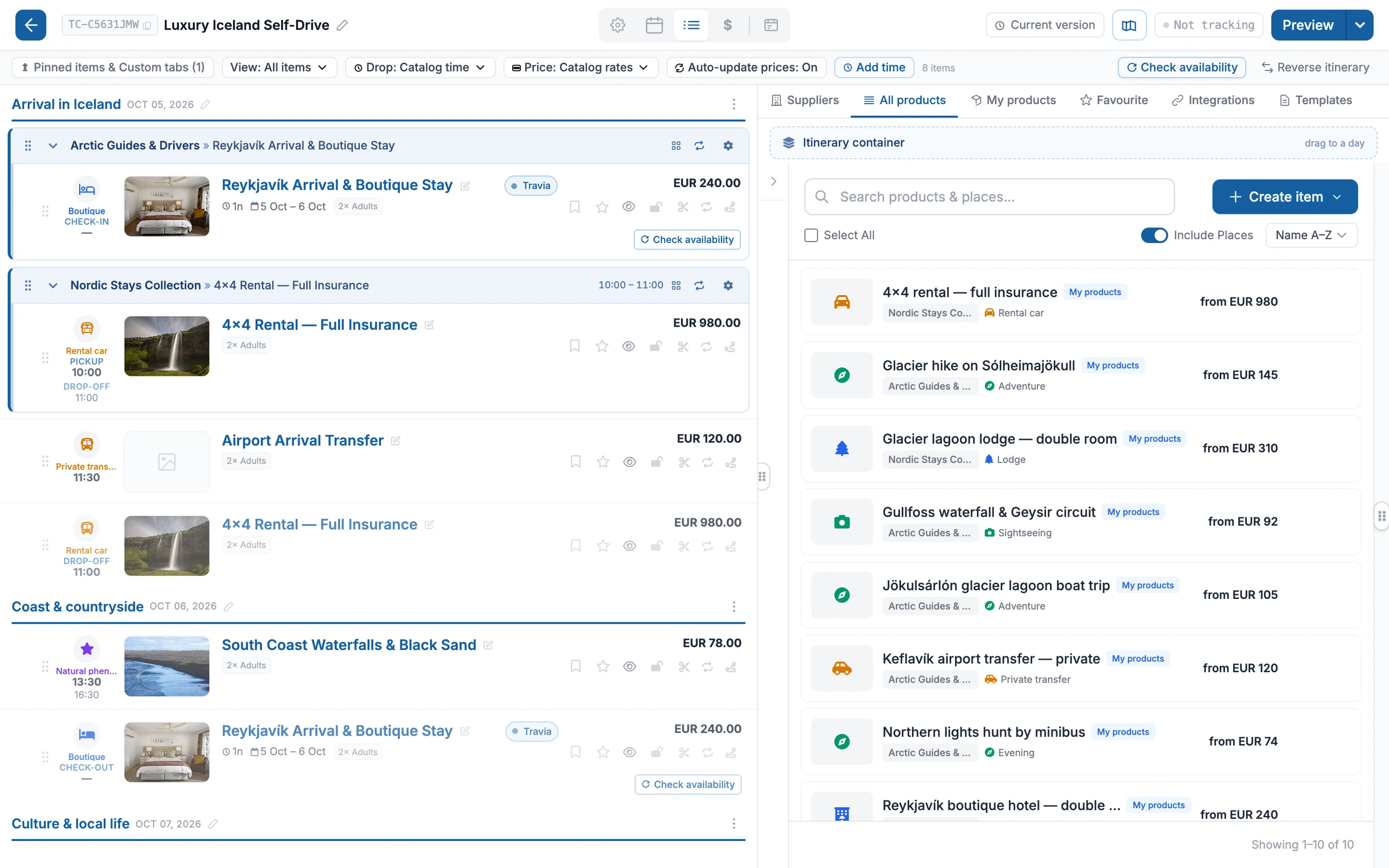 The TripCreator itinerary planner — a multi-day Iceland trip being built, products organised by day with times and live pricing, and the product catalog alongside.