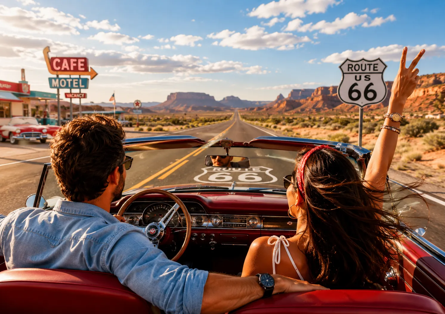 A couple on a Route 66 road trip in a convertible